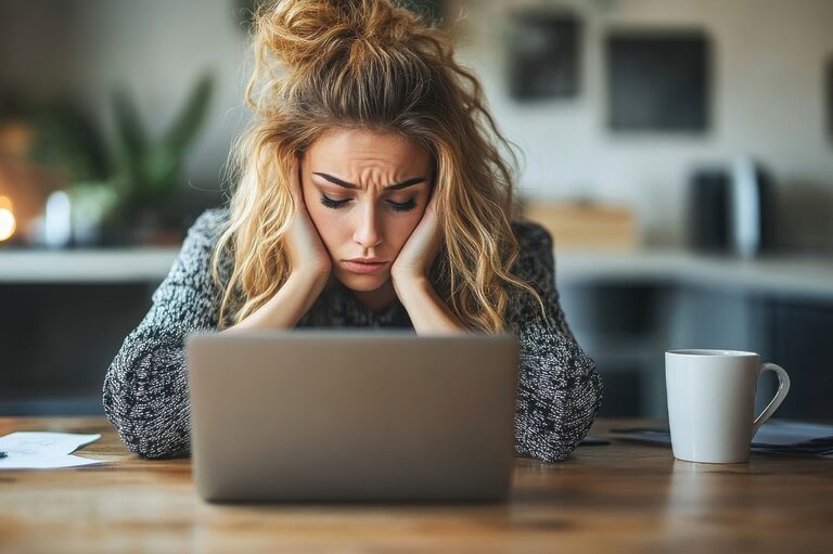 Distressed and tired blonde woman looking at a laptop.