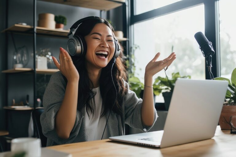 Female creator recording with headphones in front of a laptop inside her studio.