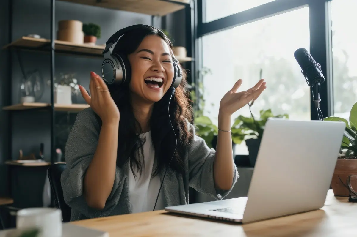Female creator recording with headphones in front of a laptop inside her studio.