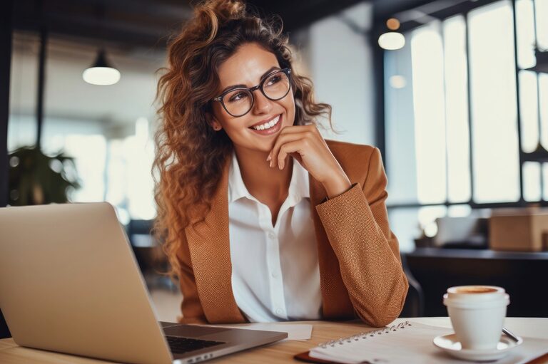 Female entrepreneur working on a office, smiling confidently.