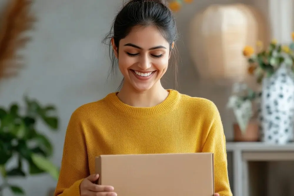 Brunette woman wearing a yellow sweatshirt and smiling while holding a package.