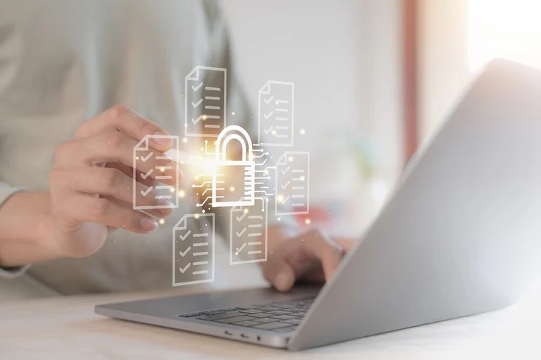 Digital illustration of a padlock in front of a real laptop, symbolizing online security and privacy.