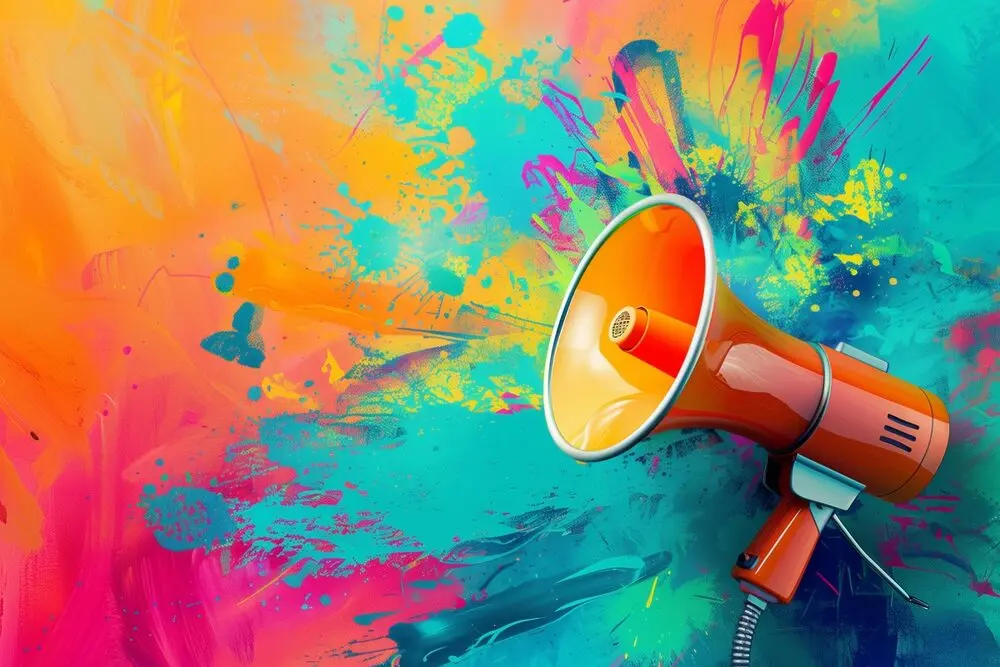 An orange megaphone in front of a splash of colorful paints.