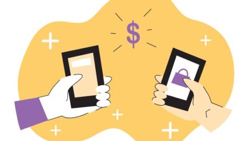 Illustration of hands showing smartphones, symbolizing earning money online on the best platforms to sell art online.