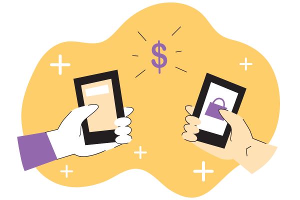 Illustration of hands showing smartphones, symbolizing earning money online on the best platforms to sell art online.