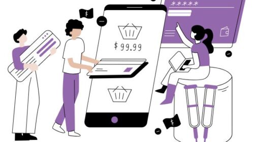 Illustration showing people interacting in a imaginary way with payment methods such credit cards and online payments to illustrate a guide to Etsy payment processing information, including payouts and fees.