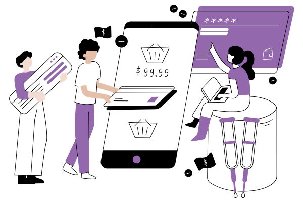 Illustration showing people interacting in a imaginary way with payment methods such credit cards and online payments to illustrate a guide to Etsy payment processing information, including payouts and fees.