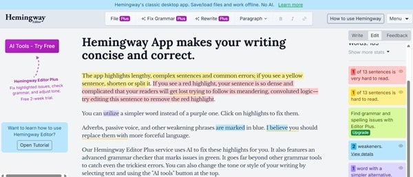 Inside the Hemingway Editor, a great platform to improve SEO writing on blogs and business websites