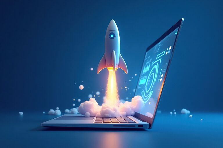 Digital art of a rocket taking off from a laptop in blue neon colors.