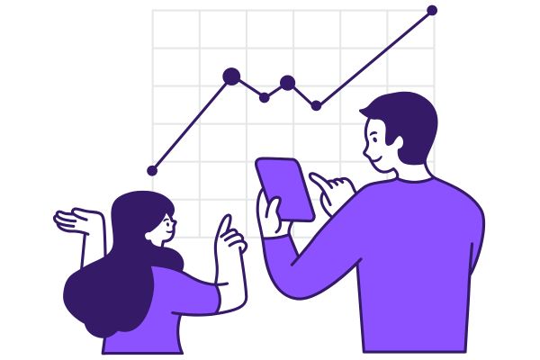 Two people look at a graphic of growing stats, one of them holds a tablet. The growing graphic simbolizes the improvements of Etsy SEO Optimization.