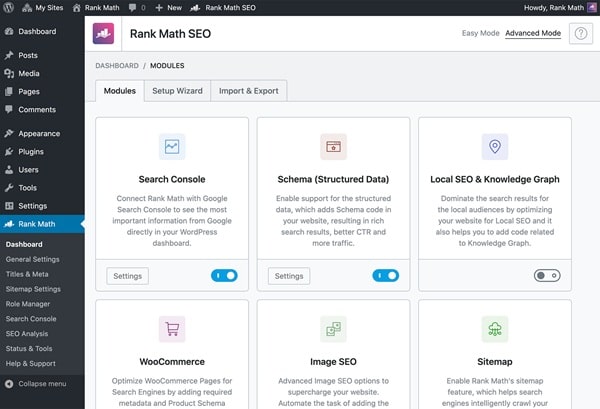 How the Rank Math SEO plugin for WordPress looks like inside the Admin Dashboard.