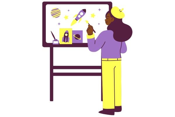 Artist painting on a big canva, crafting her art before start selling her artwork on the best platforms to sell art online.