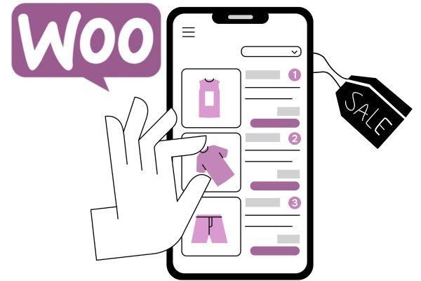 Image shows a mobile phone visiting an eCommerce powered by WooCommerce with WordPress hosting. It has the "Woo" logo and shows a hand sorting clothes for sale, but wondering about WooCommerce pricing plans.