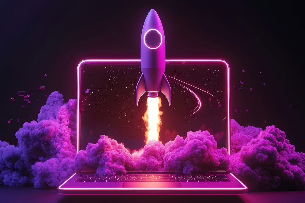 Digital art of a fast rocket taking off from a laptop in pink neon shiny colors.