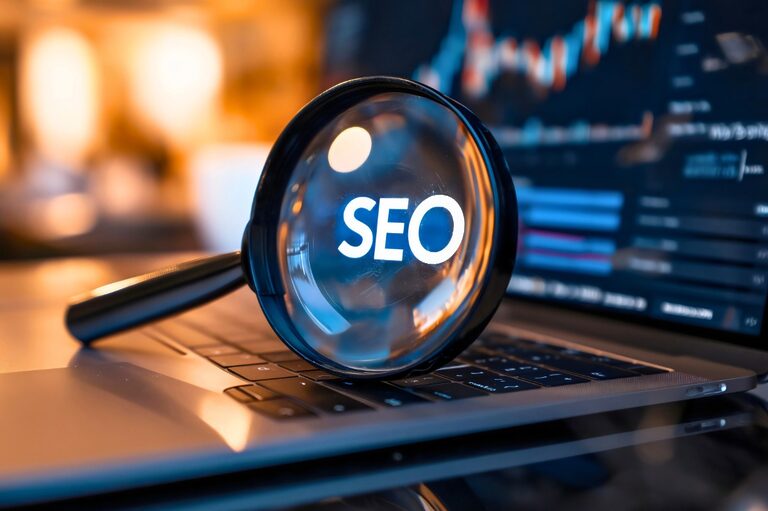 Magnifying glass enlarging the word "SEO" on the laptop screen.