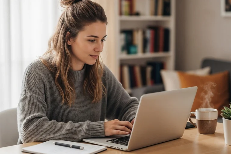Woman wearing a grey sweater blogging on her home office. The image illustrates the subject: 7 ways to make consistent income form a low-traffic blog.