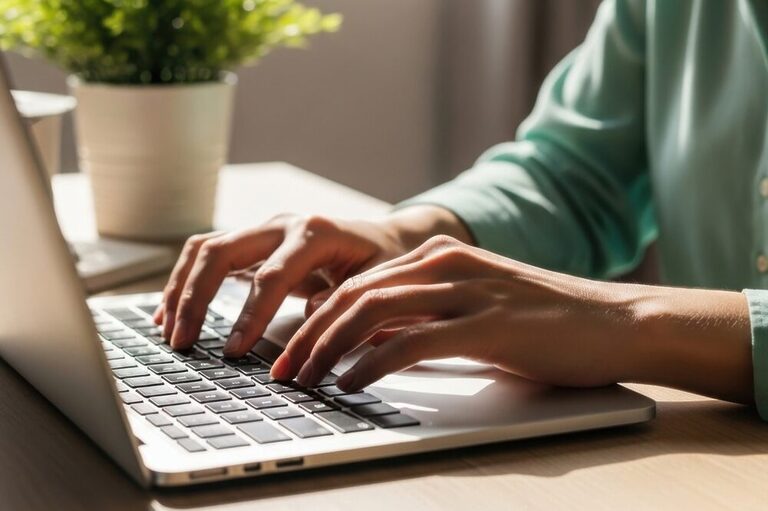 Blogging on a laptop under morning sunlight.