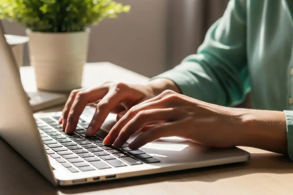 Blogging on a laptop under morning sunlight.