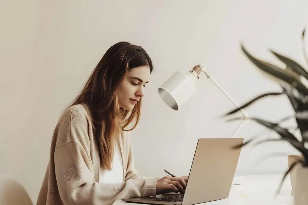 Brown-haired woman working from home with a clean setup.