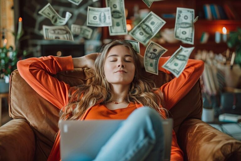 A woman with long hair wearing an orange sweater with a laptop resting on her lap and her arms relaxed behind her neck, while dollars fall onto her head.