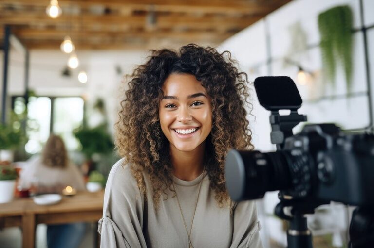 The image shows a female content creator smiling at a camera.